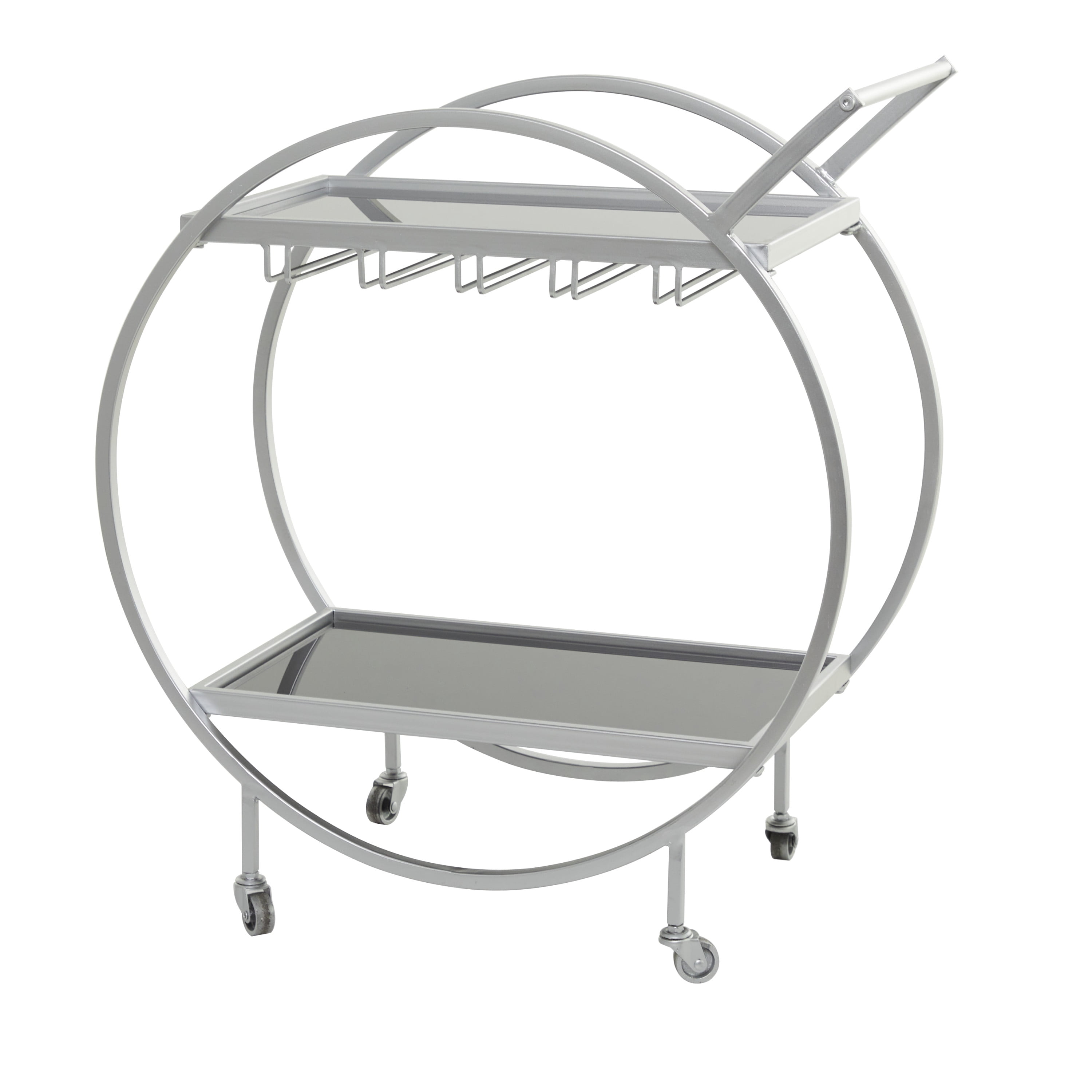 DecMode 28" x 31" Silver Metal Rolling 2 Mirrored Shelves Bar Cart with Wine Glass Storage and Handle, 1-Piece