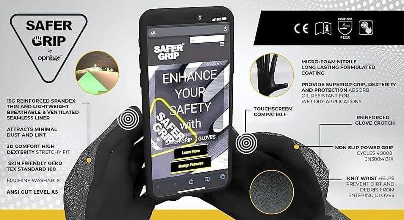 OPNBar Nitrile Coated Work Gloves - Touchscreen Compatible, A3 Cut Resistant, Reinforced Thumb Crotch, Safer Grip for Work (A3 Large, 12 Pair)