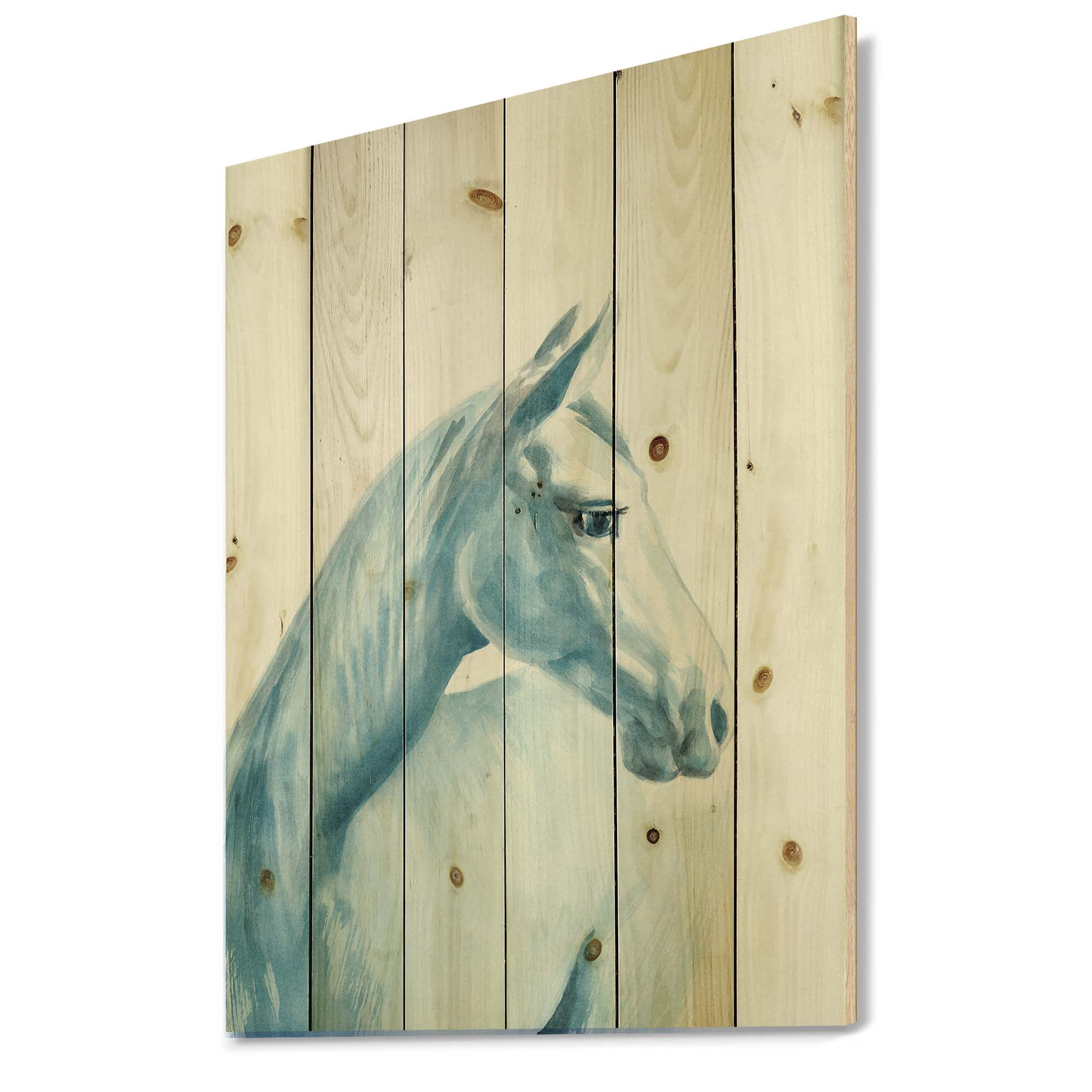 Designart 'Close Up Portrait Of A Light Blue Horse' Farmhouse Print on Natural Pine Wood