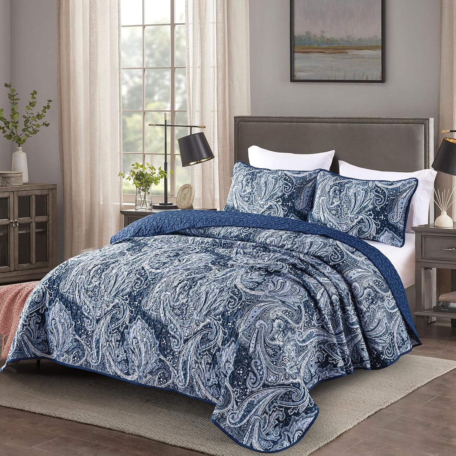 Dintszyayue Navy Quilt Set King Size,3Pcs Bohemian Bedding Set Lightweight Paisley Adult(90"x 110")