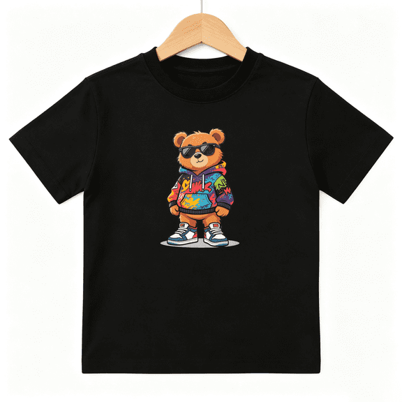 Cool Hip Hop Bear Sunglasses Boys Graphic Tees Streetwear Kids T-Shirt 100% Cotton Short Sleeve Tops Ages 4-13Y
