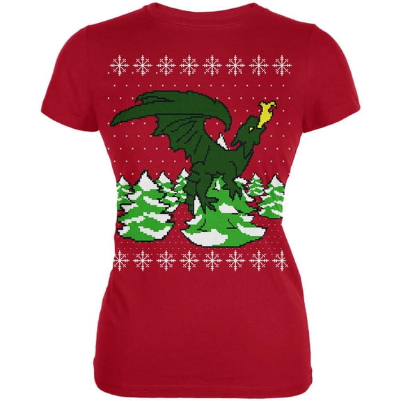 Ugly Christmas Sweater Dragon Winter Juniors Soft T Shirt Red 2XL