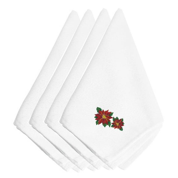 Christmas Two Poinsettias Embroidered Napkins Set of 4