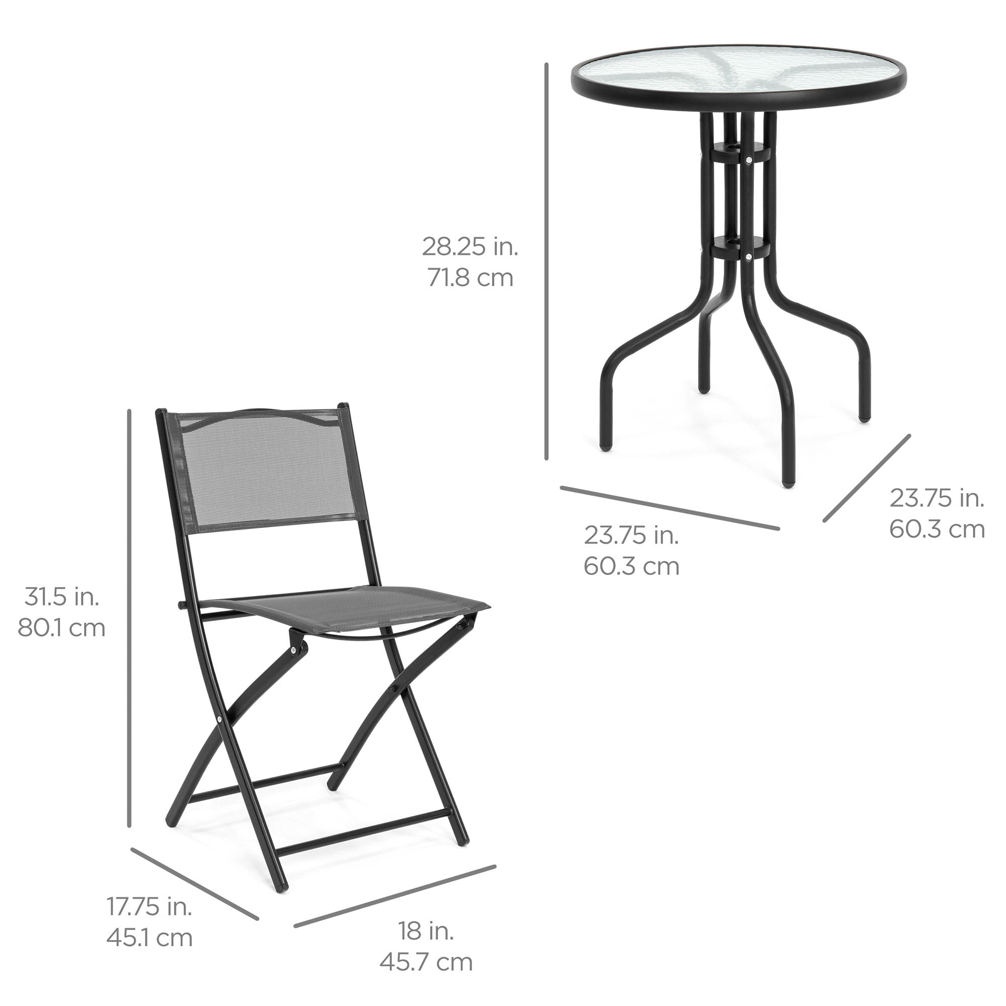 Best Choice Products 3 Piece Polyester Patio Bistro Dining Furniture Set With 2 Folding Chairs And Textured Glass Tabletop Gray