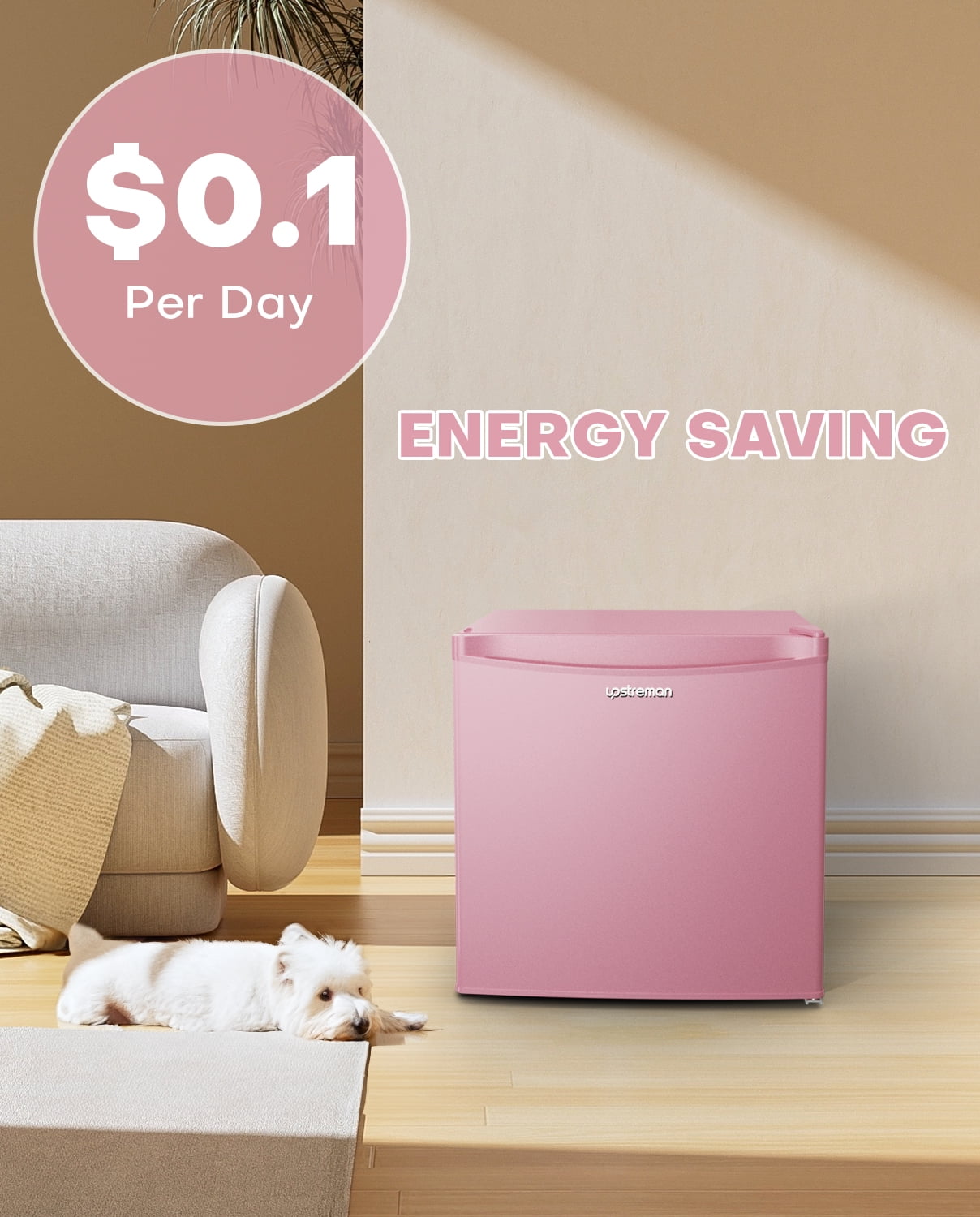 Upstreman 1.7 Cu ft Mini Fridge with Freezer Single Door Compact Refrigerator, Low Noise, Energy Saving, Adjustable Temperature, Reversible Door, for Home Office Dorm, Pink FR17
