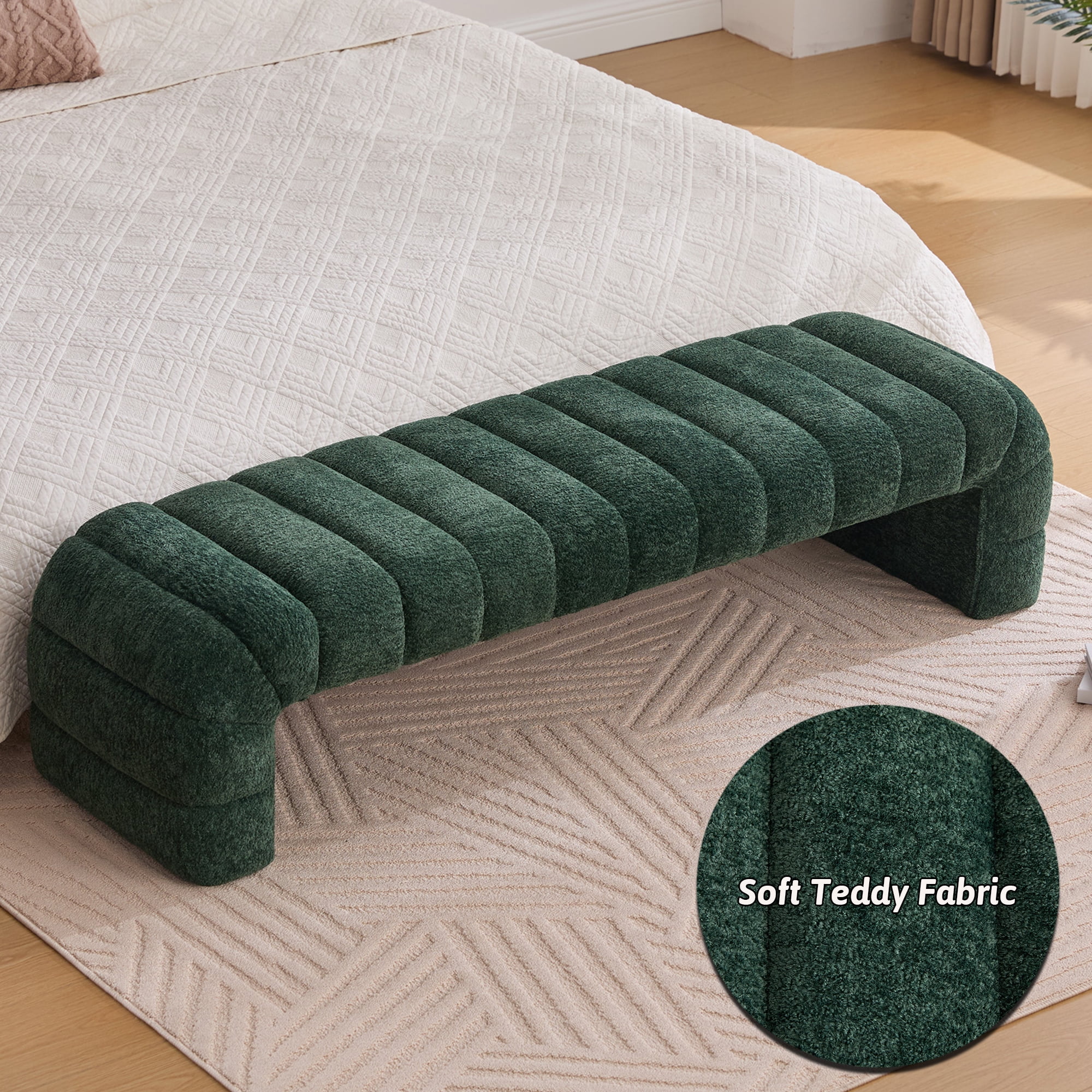 HIUU 70"Green Bench for Bedroom,Bed Benches for Foot of Bed with Streamline Design,Fabric Ottoman Bench with Soft Teddy Fabric,Modern Bedroom Benches for Living Room and Bedroom, Entryway