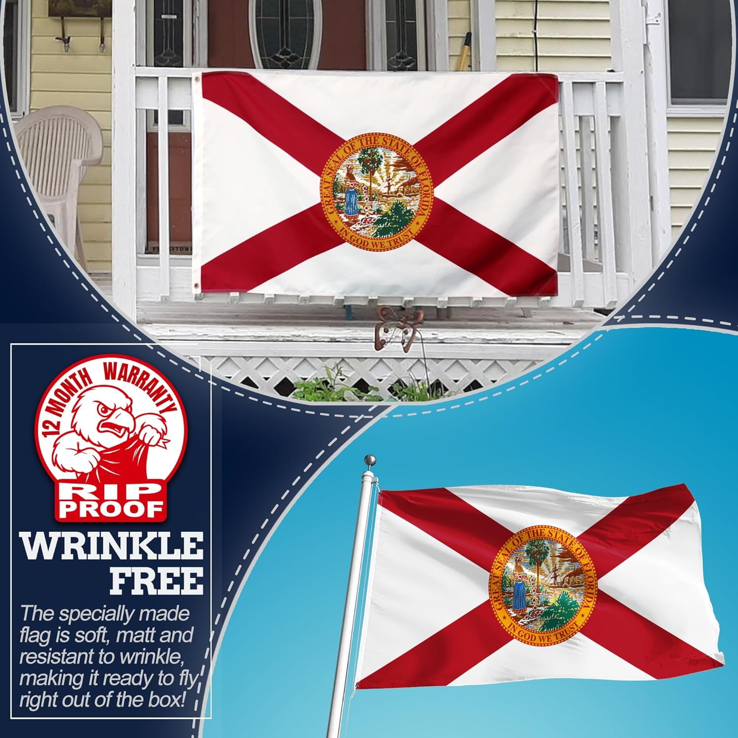Anley Rip-Proof Double Sided 3-Ply Florida State Flag 3x5 Foot - USA FL State Flags 300D Polyester