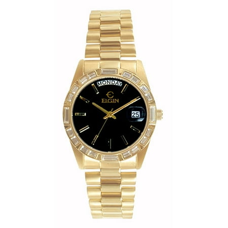 Elgin Men's Gold Plated Bracelet Watch with Genuine Austrian Crystals, Black Dial