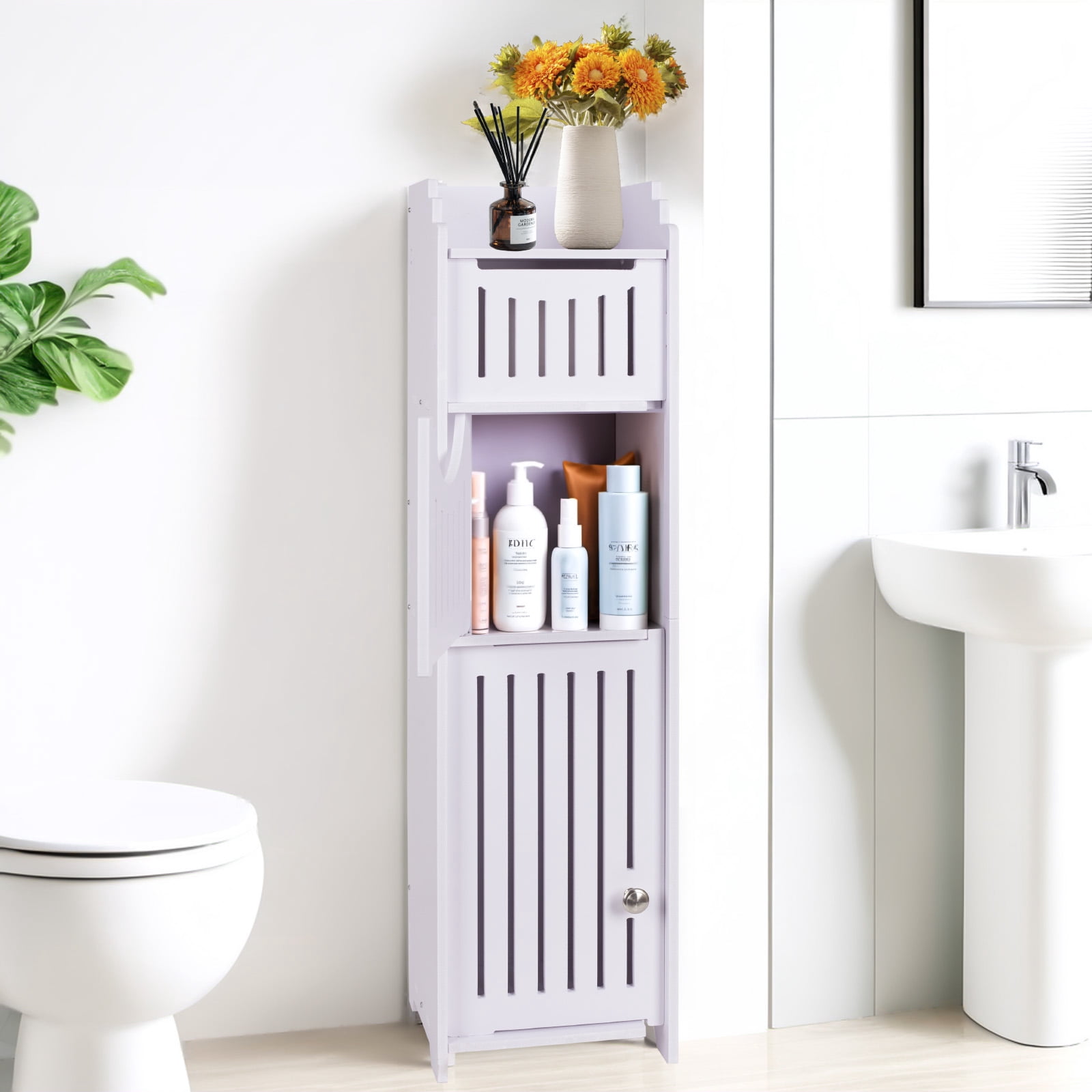 YOYTOO Bathroom Storage Cabinet with 2 Doors and 2 Shelves, Free Standing Toilet Paper Holders Stand Organizer for Small Spaces, White