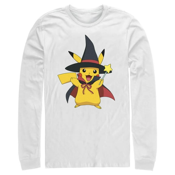 Men's Pokemon Halloween Pikachu Magic Wand Long Sleeve Shirt White Medium