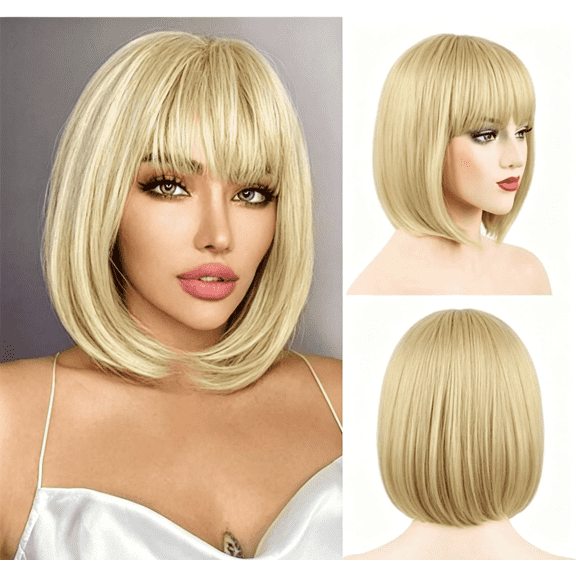 Creamily 10nch Blonde Bob Wig with Bangs Short Blonde Straight Wigs for Women Daily Party Halloween Cosplay Use