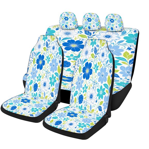 Sky Blue Garden Floral Car Seat Covers Full Set, Universal Auto Seat Covers with Front Seat Covers, Rear Bench Cover and Headrest Covers for Cars SUVs Trucks Vans