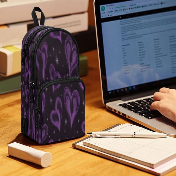 Backpack Pencil Case, 3 Compartment Large Capacity Oxford Fabric Pencil Pouch / Midnight Amethyst Sparkle