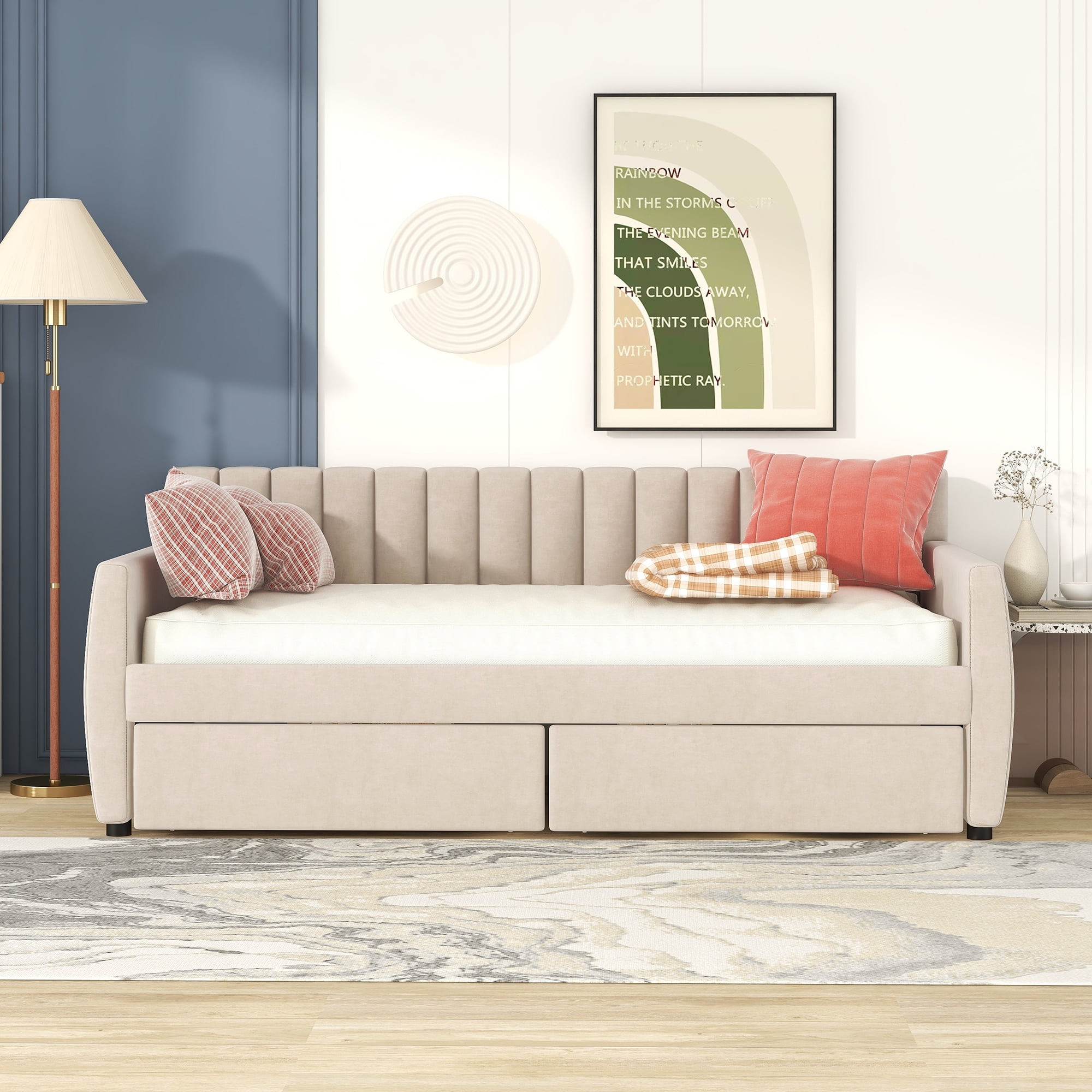 DEALTOPS Twin Size Upholstered Daybed with 2 Drawers for Bedroom Living Room Daybed Frame No Box Springs Need - Beige