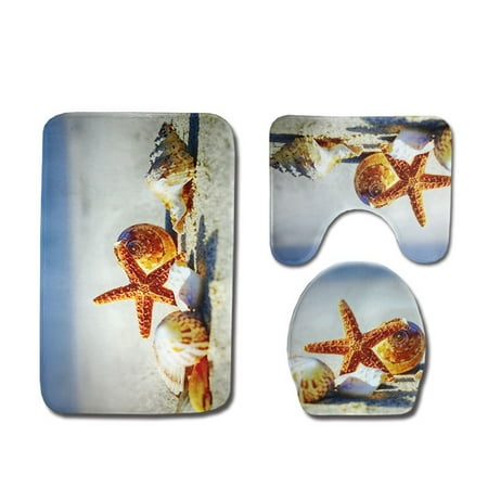 Bathtub Sets Three Pieces Graphics Bathroom Mat Set Nonslip Bath Bathtub Rug Carpet Contour Toilet Seat Lid Cover (Beach Seashell Sea Star) ()