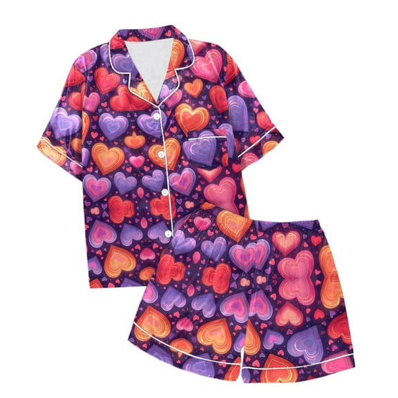 Satin Pajamas for Girls 4t Valentines Day Pjs Short Sleeve Shirt Tops Shorts Pants Heart Print Trendy Sleepwear Set 2 Piece Summer Loungewear 10-11 Years