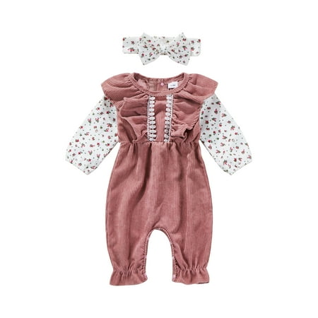 

hirigin Infant Girl Romper Suit Long Sleeve Patchwork Playsuit + Headband Set