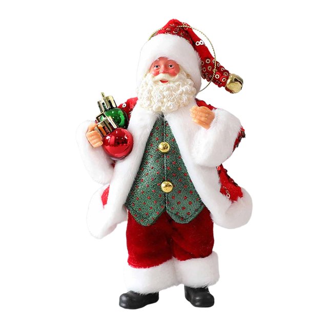 adorno de papá para decoración navideña, accesorios para compromisos, cumpleaños, manualidades, decoración de interiores y patios, adorno para estilo a — colgante de Papá Noel, vista frontal centrada; figura textil de 18×10×6 cm con abrigo rojo y ribete blanco, chaleco verde estampado con botones dorados, pantalones rojos y botas negras; gorro rojo con cascabel y cordón para colgar; sostiene pequeñas bolas navideñas; textura de tela y felpa visible, ideal para árbol, repisa o recuerdo festivo.