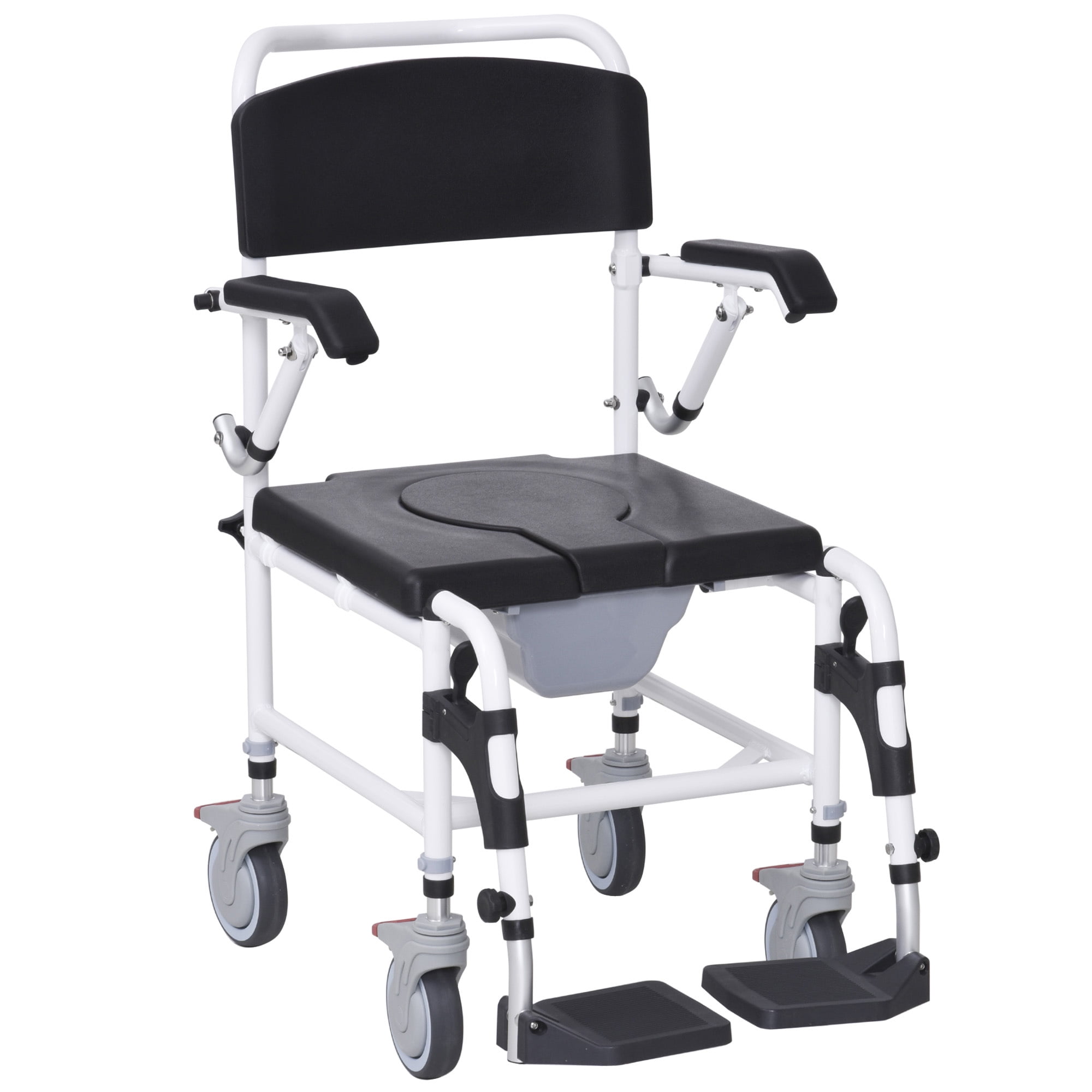 Accessibility Commode Wheelchair, Rolling Shower Wheelchair With 4 Castor Wheels, Rectangle Detachable Bucket, & Waterproof Design, 17" Seat Width, Black