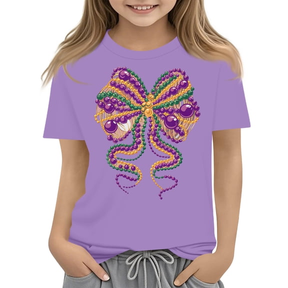 CCRFTGI Mardi Gras Shirt for Kids Girls Size 10-12 Cute Coquette Bow T Shirts Fashion Beads T-Shirt Holiday Crewneck Carnival T-Shirt Purple 3-4 Years