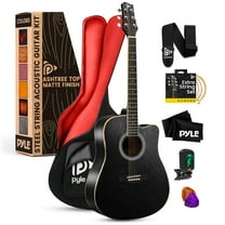 Pyle Steel String Acoustic Guitar Kit, 41" Full Size Cutaway with Ashtree Top, Open Pore Finish, Premium Accessory Set with Armored Gig Bag, Black Matte