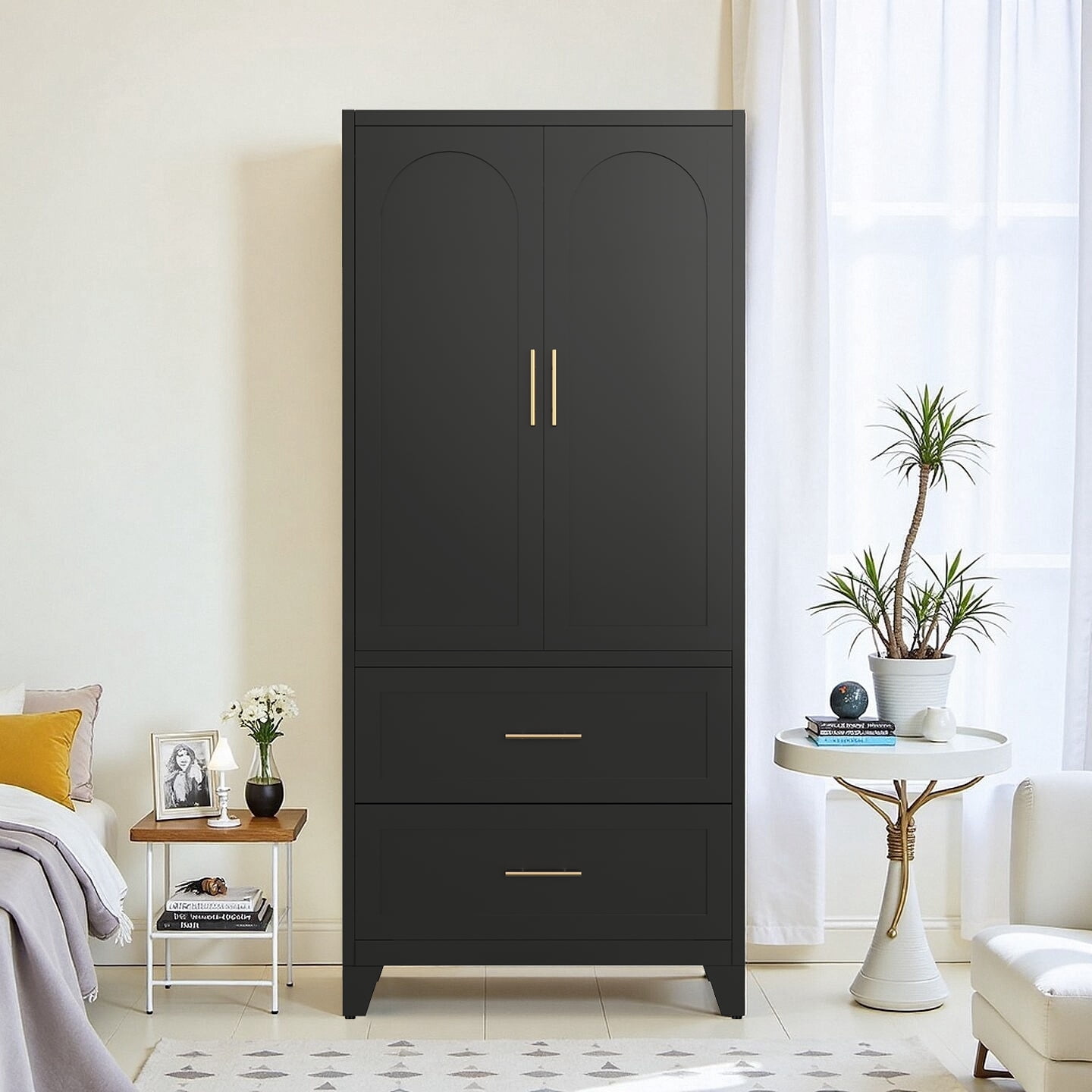 Miniyam 71" Tall Metal Wardrobe Cabinet with 2 Drawers & Hanging Rod, 2-Door Storage Closet for Bedroom Office Laundry Room (Black)