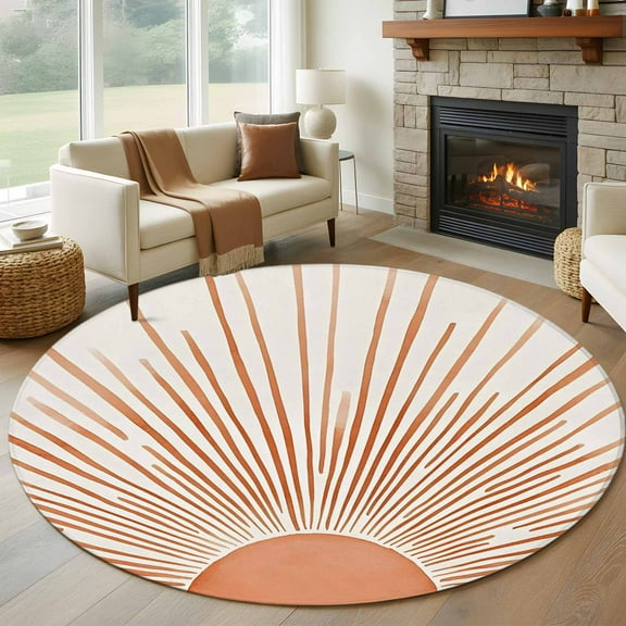 Boho Abstract Sun Round Rug 5ft Washable Circle Kitchen Rugs Non Slip Modern Beige Sun Light Lines Large Area Rug Indoor Floor Carpet for Bedroom Living Room Home Office Dining Room Nursery