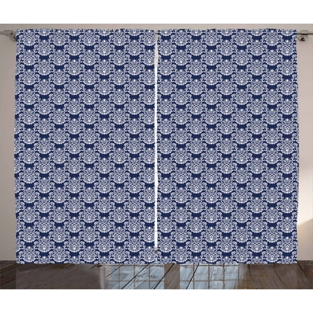 Navy Blue Curtains 2 Panels Set Abstract Floral Damask With