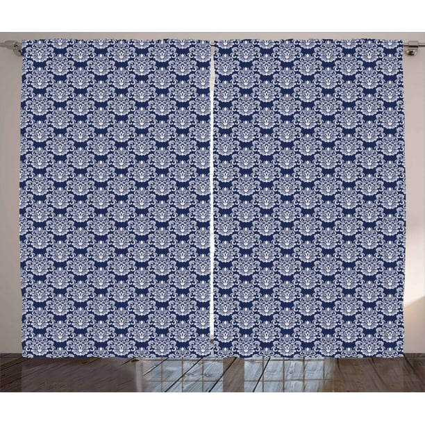 Navy Blue Curtains 2 Panels Set Abstract Fl Damask With Antique Victorian Design Renaissance Flourish Window Ds For Living Room Bedroom 108w X 84l Inches Dark Bayberry By Ambesonne Com Navy Blue Curtains 2 Panels Set, Antique Blue Curtains