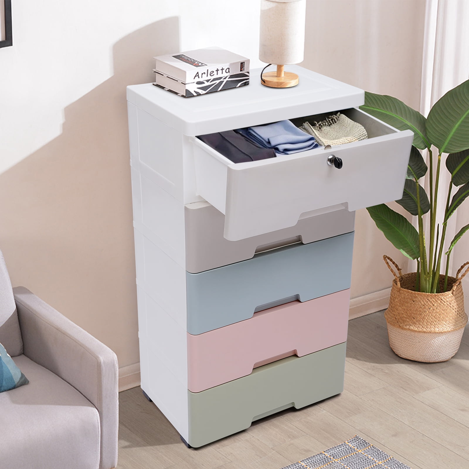 LOYALHEARTDY 5-Layer Plastic Storage Cabinet 5 Drawers Chest Stackable Dresser Locker Freestanding Clothes Organizer Closet Furniture with 4 Wheels for Home Office Bedroom