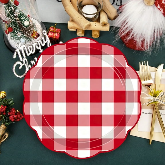 NWOKYZGH 25Pcs 9" Christmas Red and White Gingham Checkered Plaid Plates for Picnic, Barbecue, Birthday, Family Dessert Decorations - Disposable Paper Plates for Party Favors