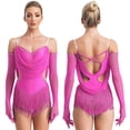 thumbnail image 1 of Aislor Justaucorps de Danse à Paillettes pour Femmes avec Strass Robe de Danse Jazz Latine à Franges avec Gants Rose Vif L, 1 of 7