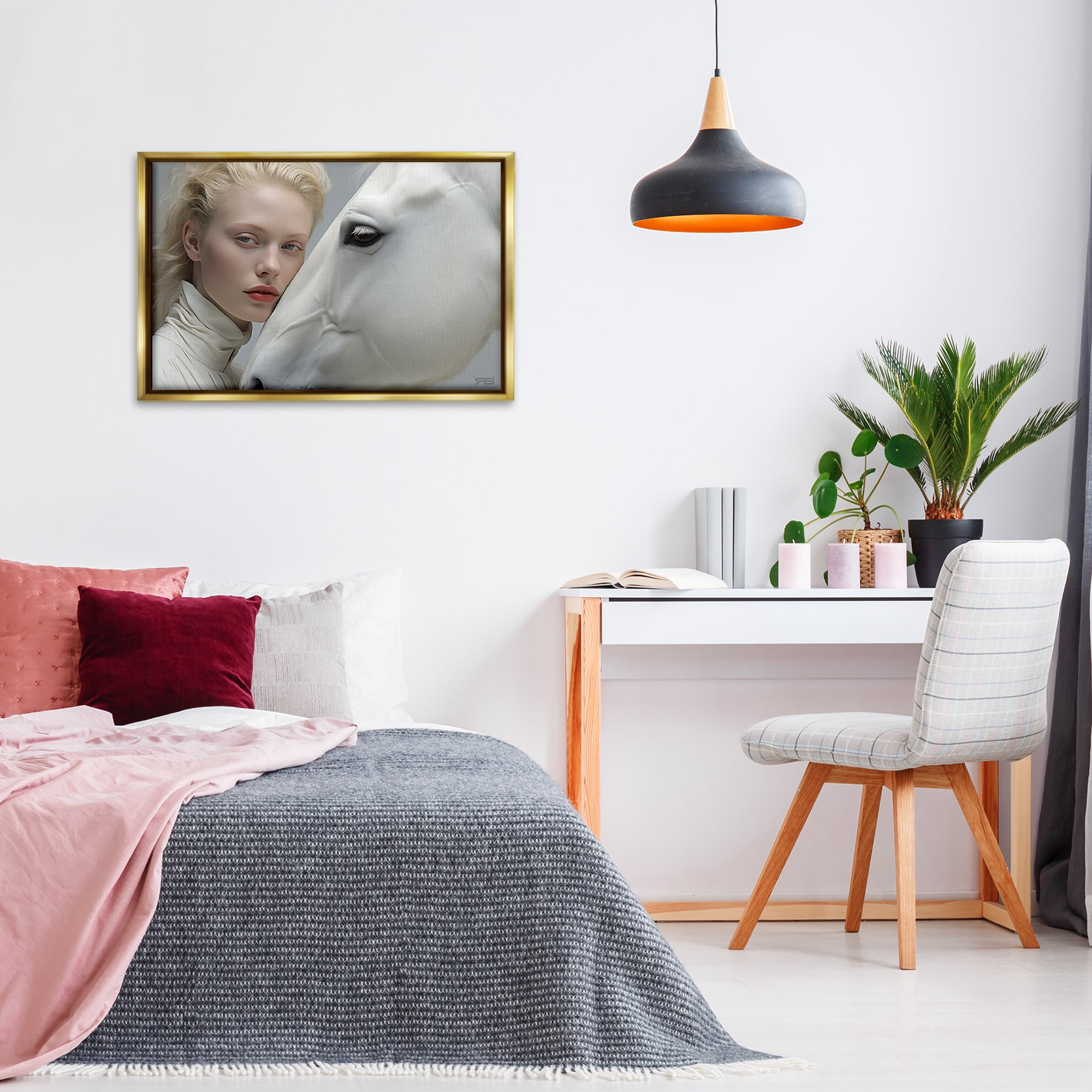 Stupell Industries White Horse & Woman People Painting Gold Floater Framed Canvas Art Print Wall Art, 31 x 21