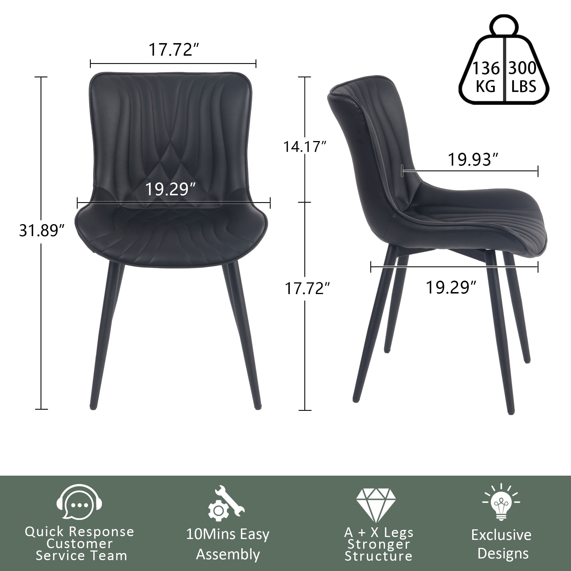 YOUNIKE Dining Chairs with Metal Legs Wing Backrest Set of 2 Upholstered Dinner Side Chair, Black