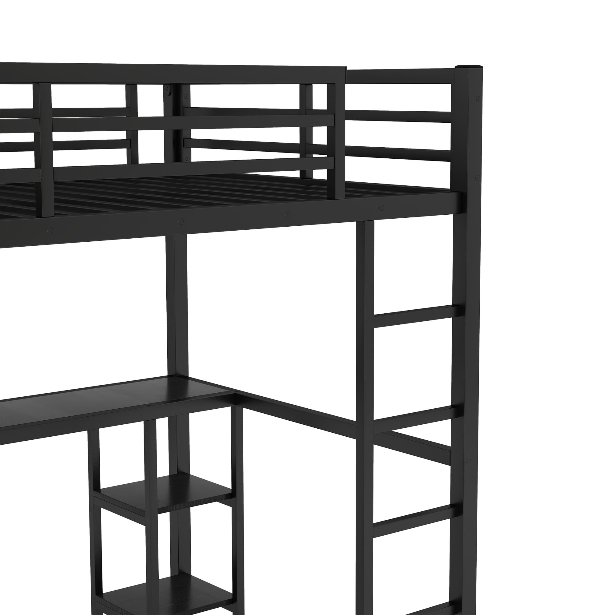 HOQBN Loft Bed Full Size with Built-in Wardrob,Metal Loft Bed Frame with Desk and Storage Shelves,Black