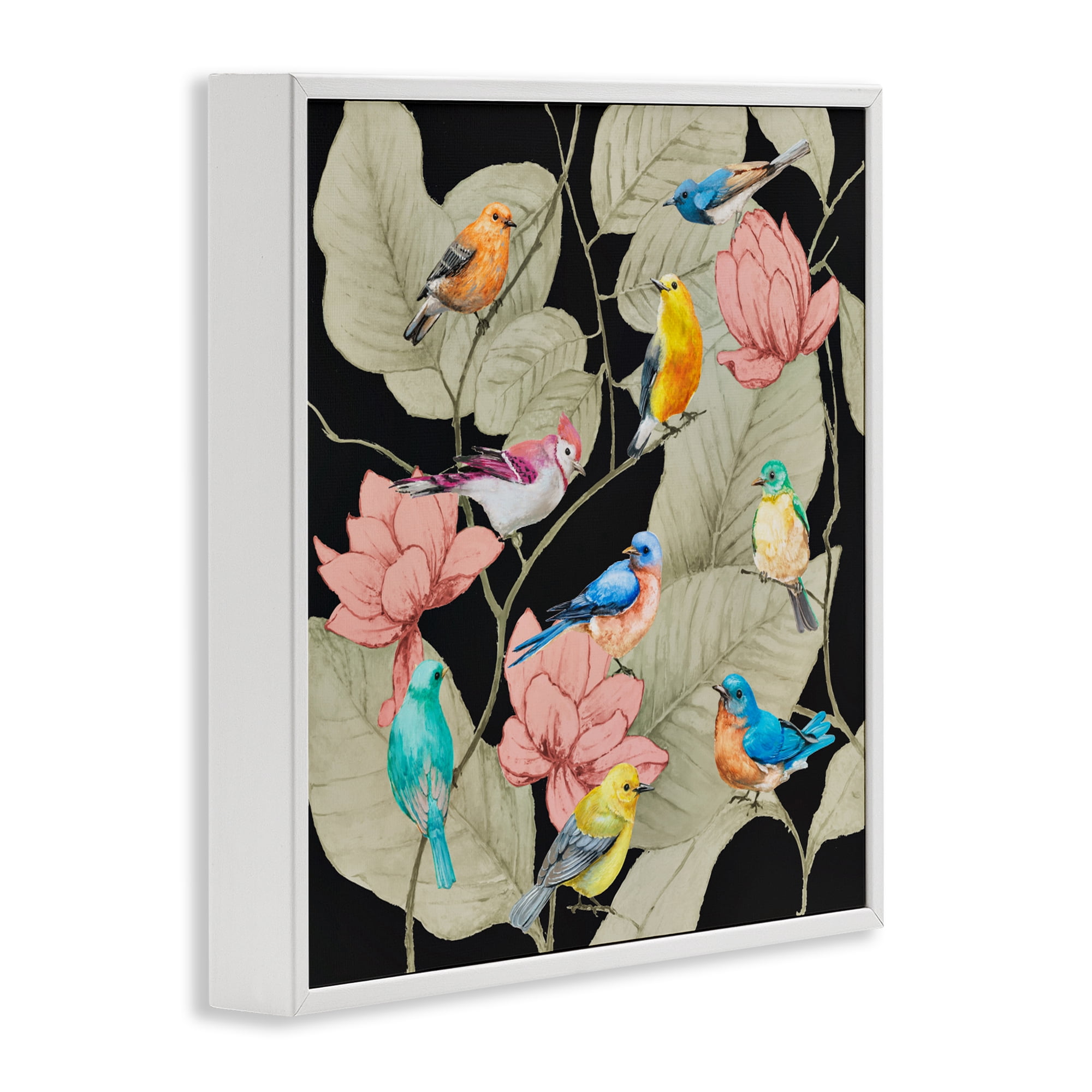Stupell Industries Colorful Birds & Leaf Motif White Framed Giclee Art, design by Lorenzo Collective