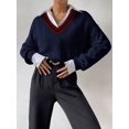thumbnail image 4 of Women Chunky Knit Long‑Sleeve Sweater With Striped Trim and Dropped Shoulder, 4 of 6