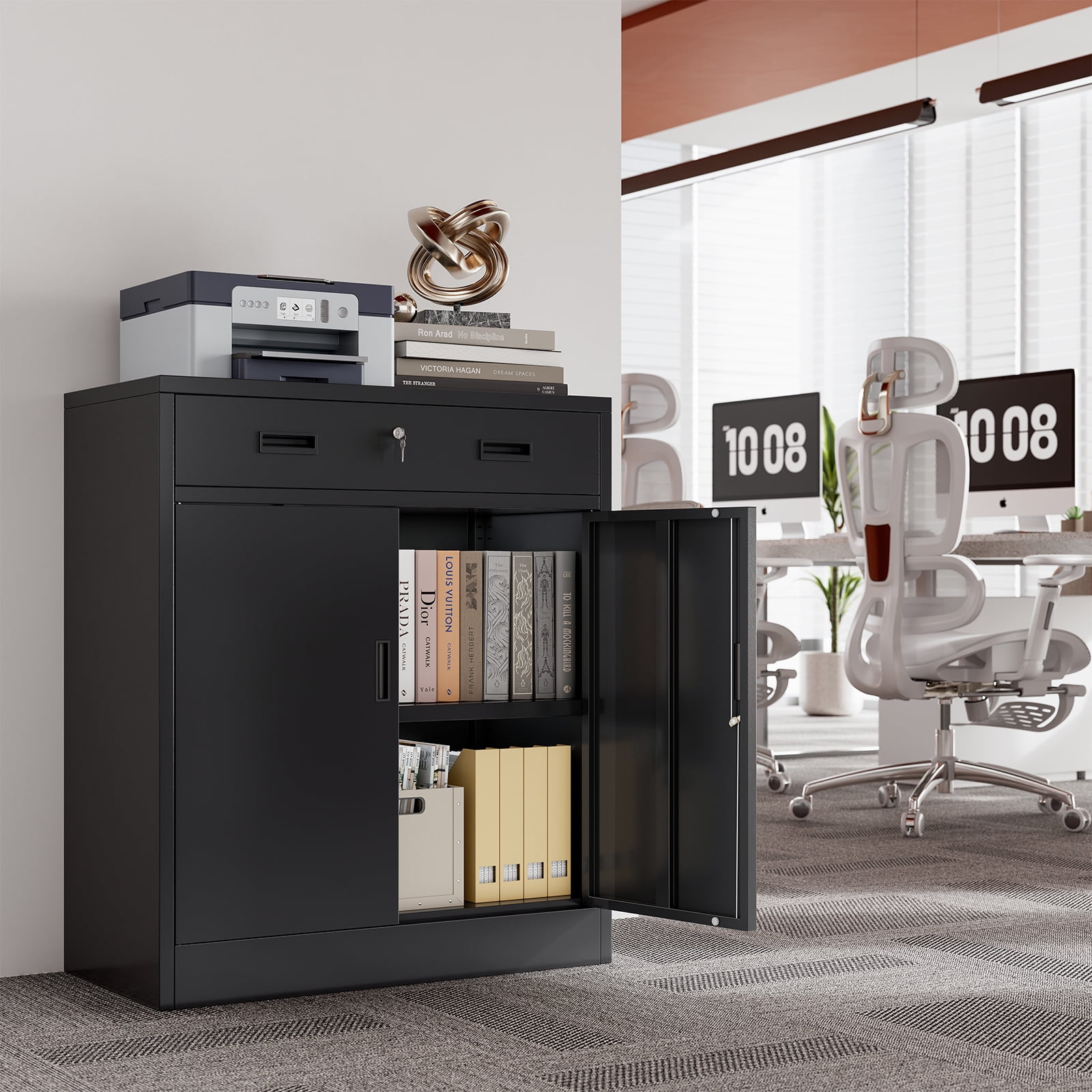 CJF Metal Storage Cabinet, 36" H Locking Storage Cabinet with 1 Drawers and Adjustable Shelf, Steel Cabinets for Office, Garage, Home (Black)