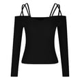 thumbnail image 5 of XFLWAM Women Spaghetti Straps Long Sleeve Ribbed Knit Top Off Shoulder V Neck Shirt Cold Shoulder Solid Color Slim Blouse Black M, 5 of 6