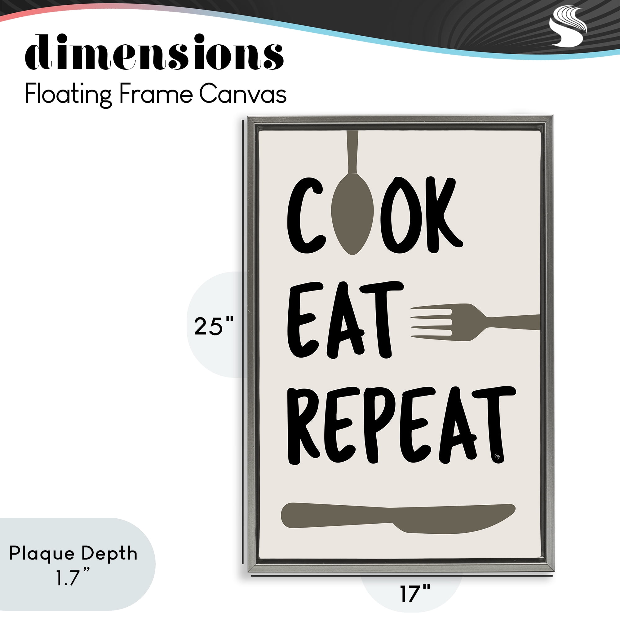 Stupell Industries Cook Eat Repeat with Utensils Gray Framed Floater Canvas Wall Art, design by Martina Pavlova