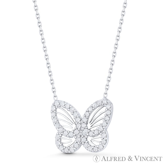 Butterfly Charm Cubic Zirconia Crystal Pendant & Chain Necklace in .925 Sterling Silver w/ Rhodium