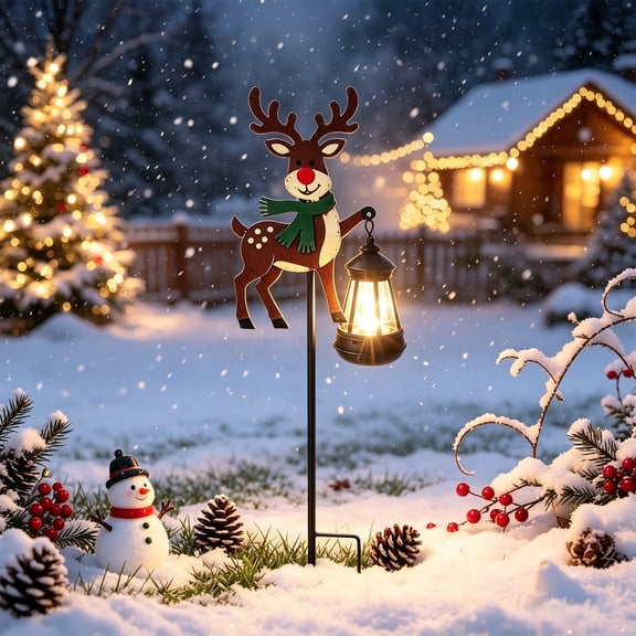 Solar Reindeer Christmas Garden Stake Metal Outdoor Holiday Yard Decor with Glowing Lantern for Lawn Path Winter Xmas Gift 29.92in