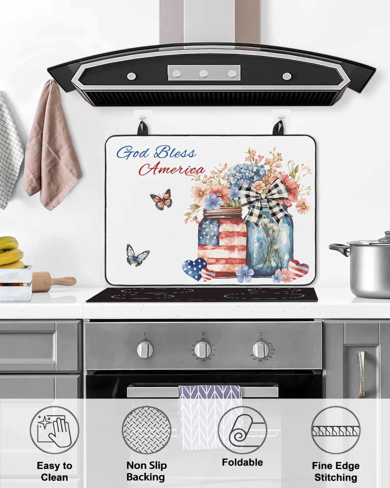 nqOlkjepod Large Induction Cooktop Protector Mat 24"x21", 4th of July Stove Top Covers for Electric Stove, Independence Day Spring Floral US Flag Stove Burner Cover Mats, Glass Top Stove Cover