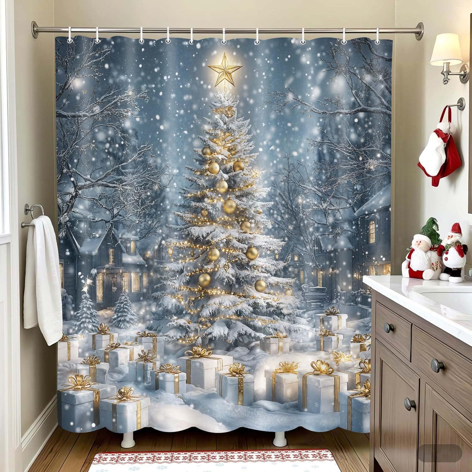Blue Christmas Shower Curtain Gold Christmas Tree Standing in Snowflakes Holiday Bathroom Decor, Farmhouse Winter Bathroom Accessories 70X70IN