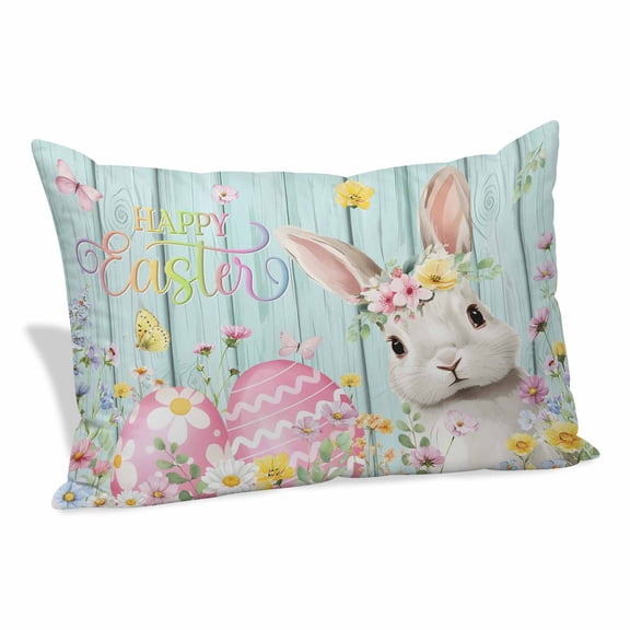 Turquoise Easter Pillow Covers, Linen Long Throw Pillow Case, Spring Easter Bunny Eggs Floral Wooden Holiday Pillow Protector Decorative Cushion Cover for Living Room/Bedroom 24" x 36"