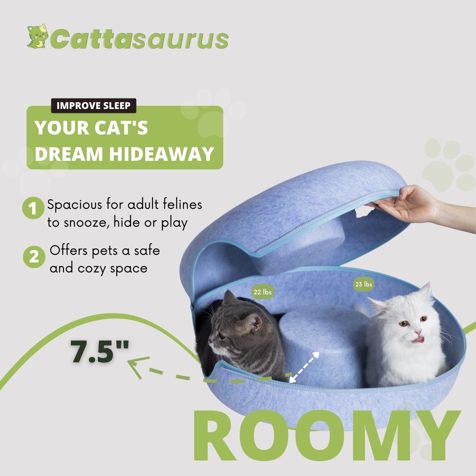 Cattasaurus Indoor Kitty Peekaboo Felt Tunnel Bed for Cats up to 30 lbs, Large, Blue