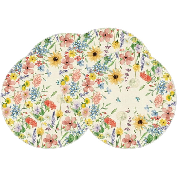 Watercolor Wildflowers Spring Round Placemats Set of 4 Summer Table Mats for Party Home Kitchen Dining Table Decorations 14x14 Inch