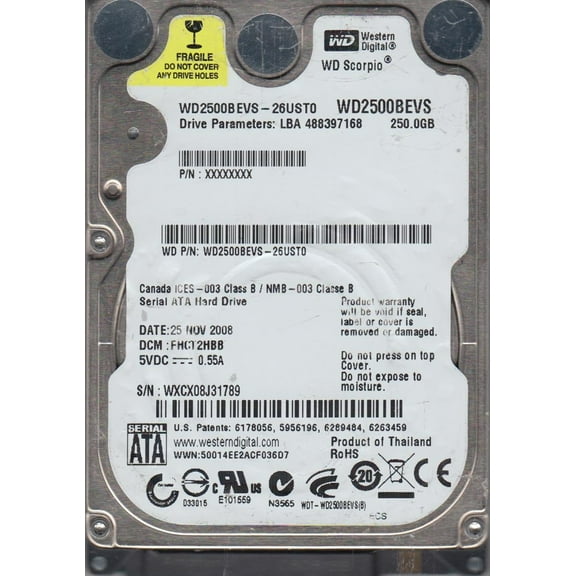 WD2500BEVS-26UST0, DCM FHCT2HBB, Western Digital 250GB SATA 2.5 Hard Drive