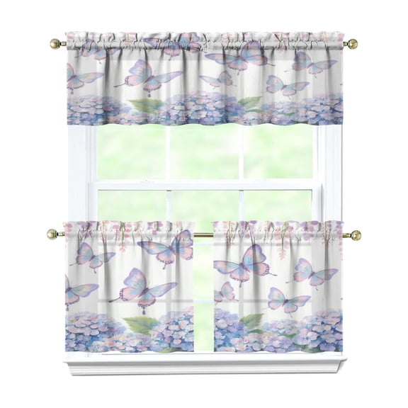Butterflies and Purple Hydrangeas 3-Piece Kitchen Curtains Set Kitchen Curtains Sets with Valance for Windows Rod Pocket Machine Washable Kitchen Decor Decorations (54"x18" 2x27.5"x24")