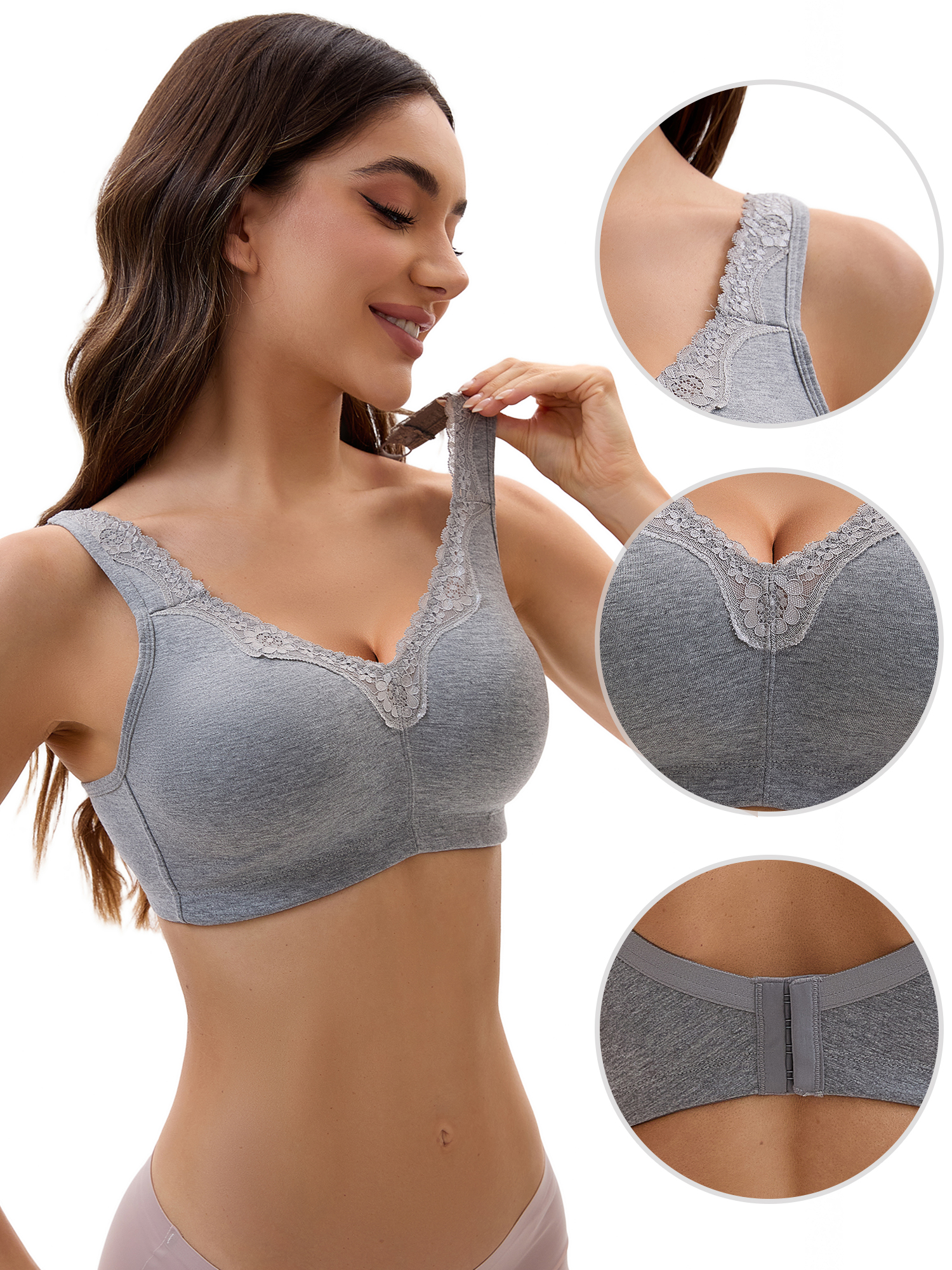 Unique Bargains Women's Lace Trim Full Coverage Adjustable Strap Bras E 46 Grey